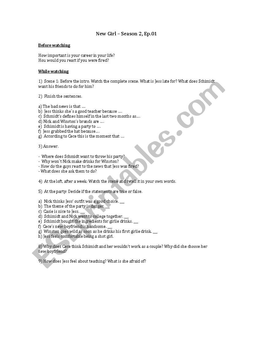 New Girl Season2, ep.01 worksheet