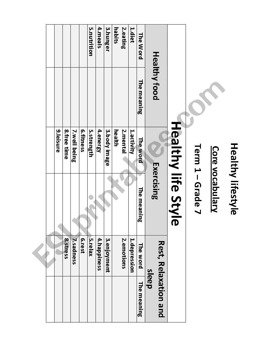 healthy lifestykle worksheet