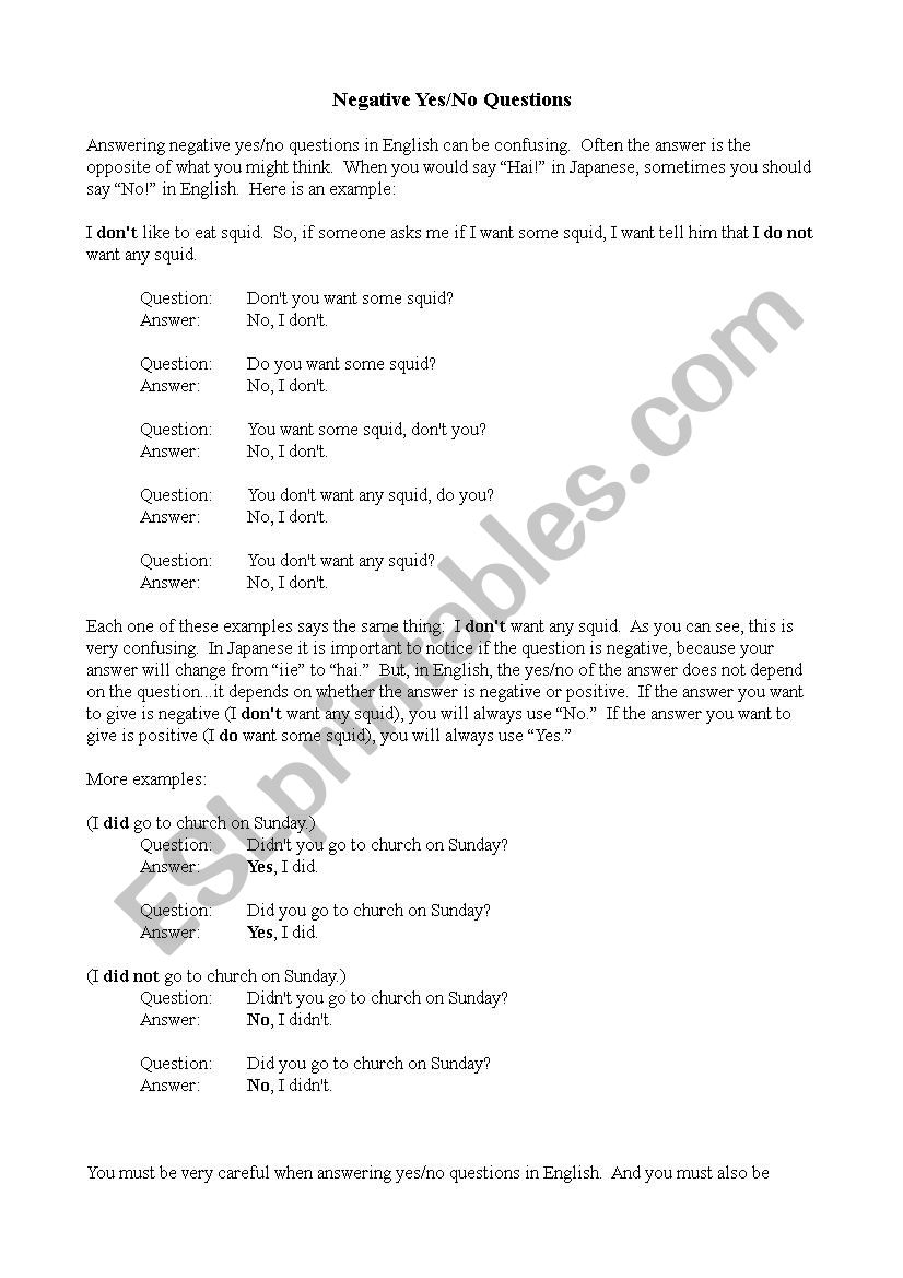 Negative yes no question worksheet
