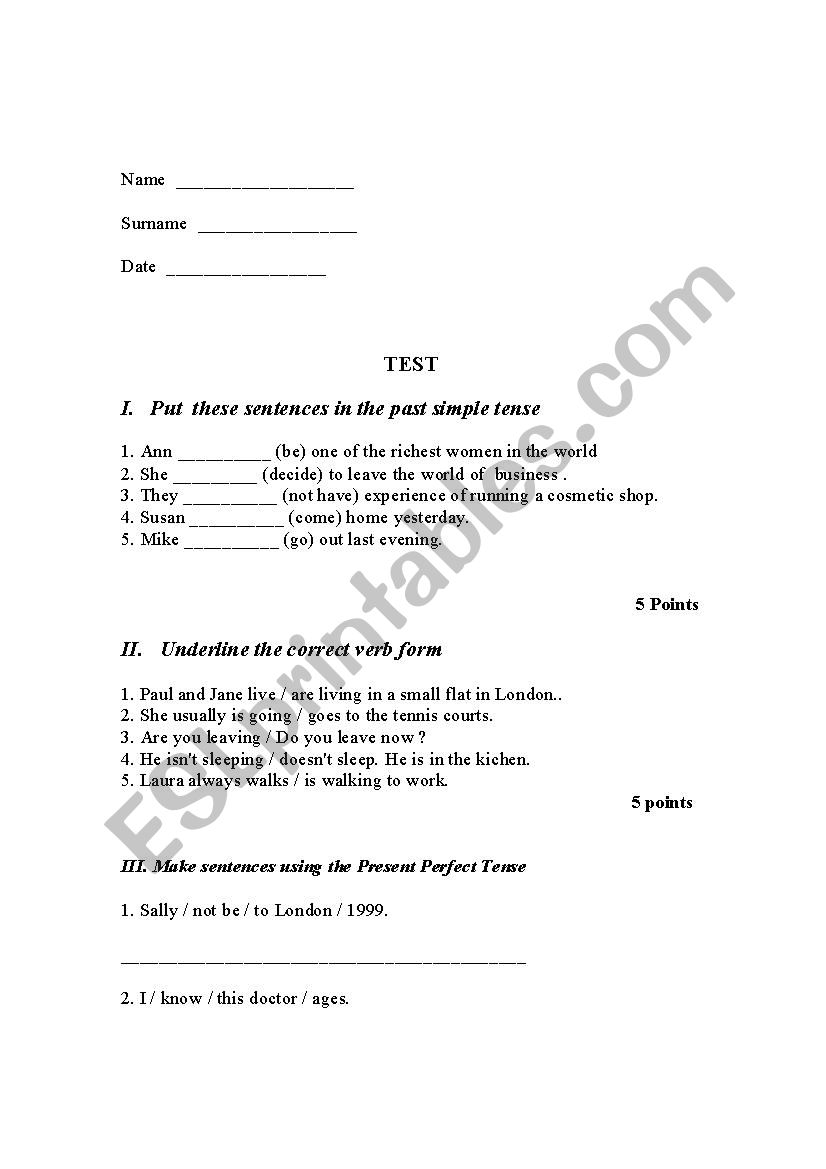 Elementary test worksheet
