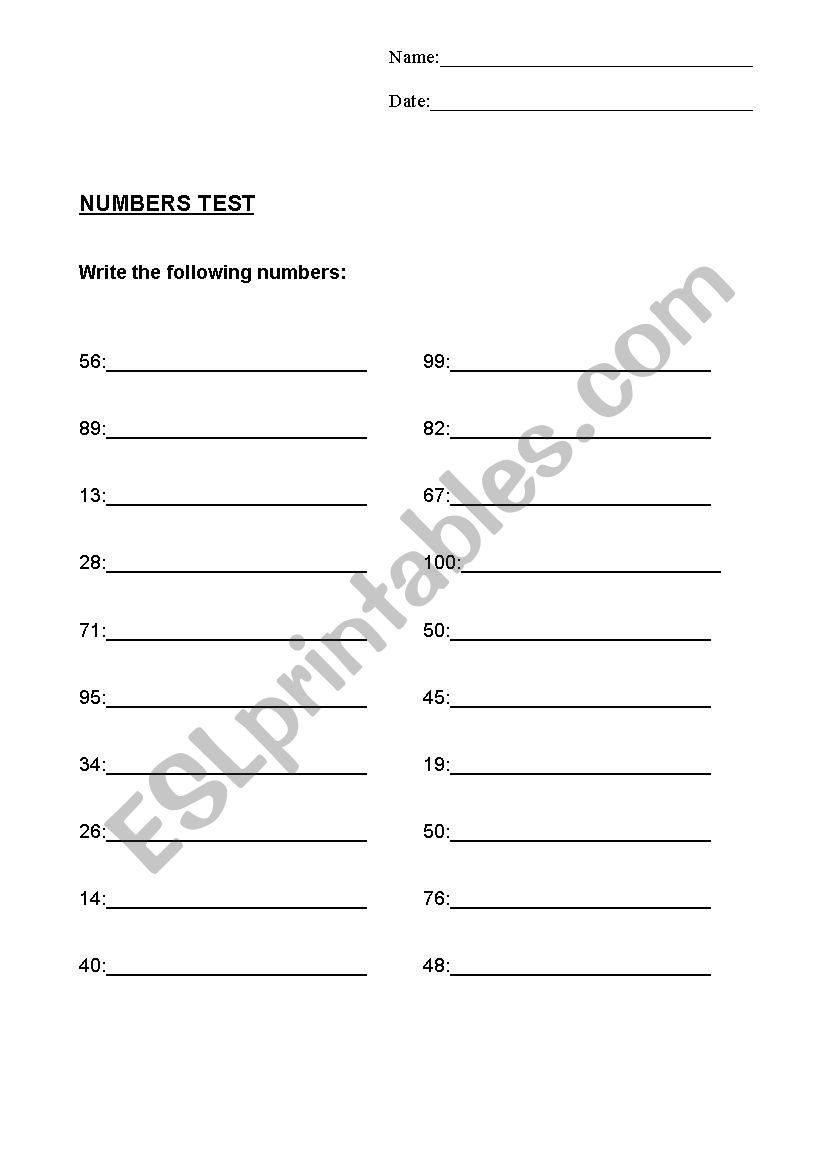 Numbers test worksheet