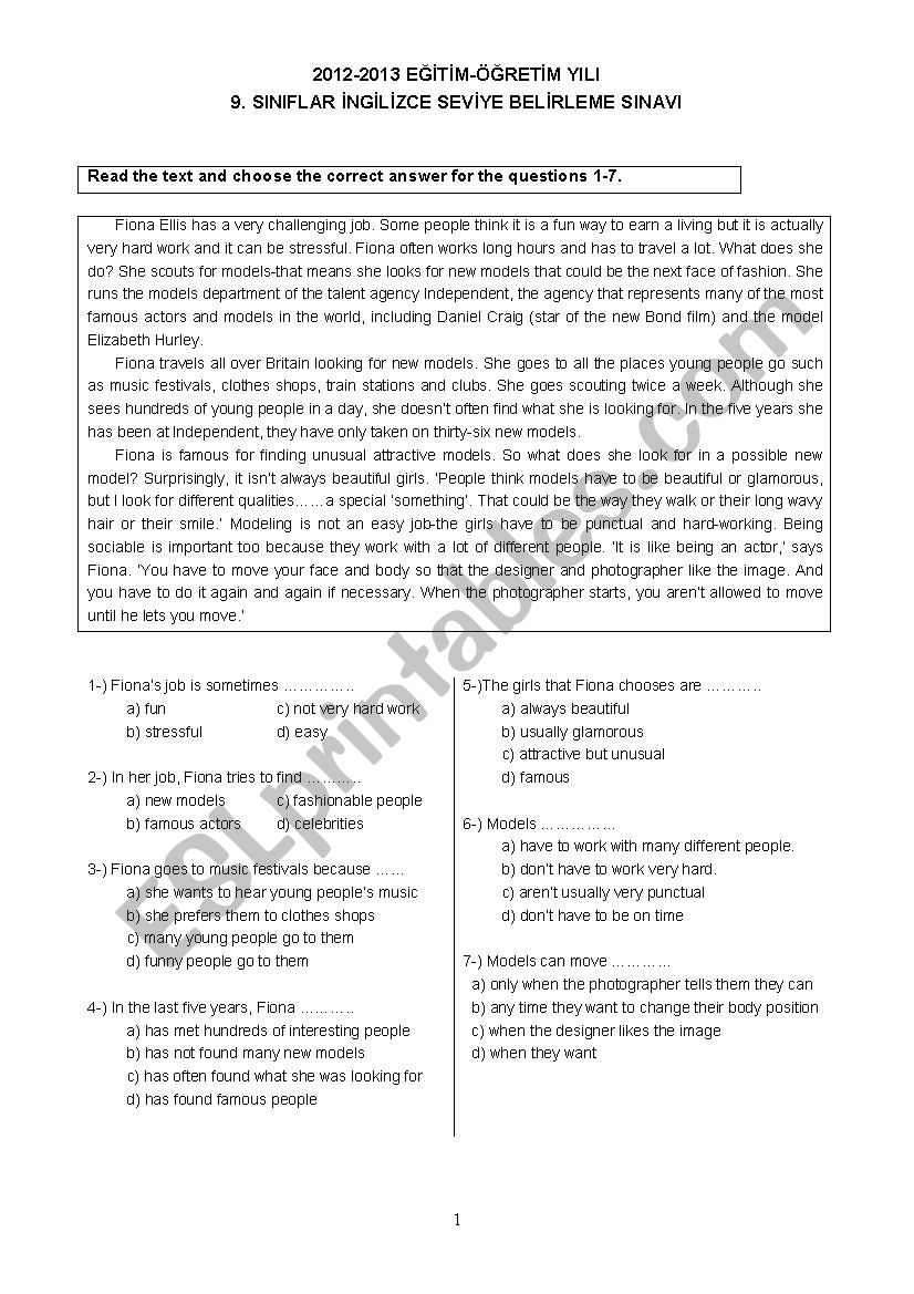 PLACEMENT TEST PART 1 worksheet