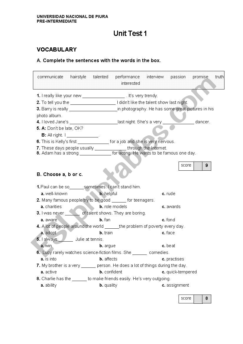 Pre-Intermediate Test worksheet