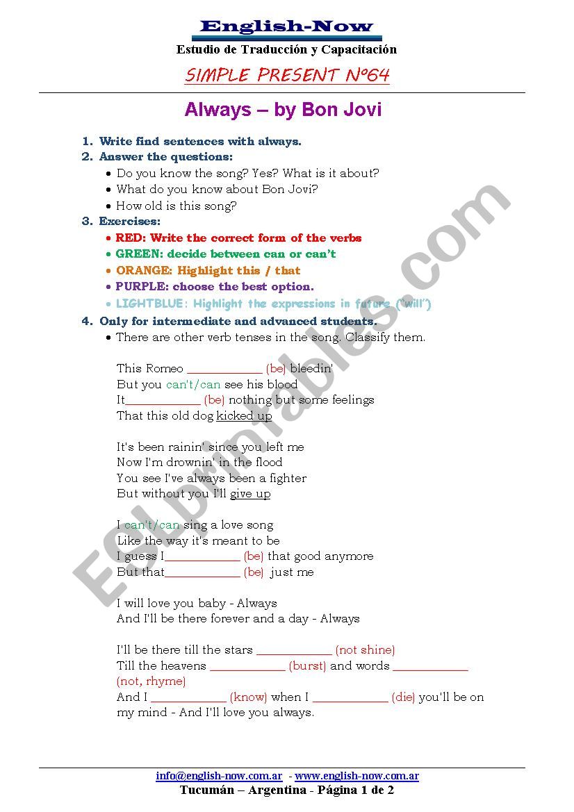 Always - Bon Jovi worksheet