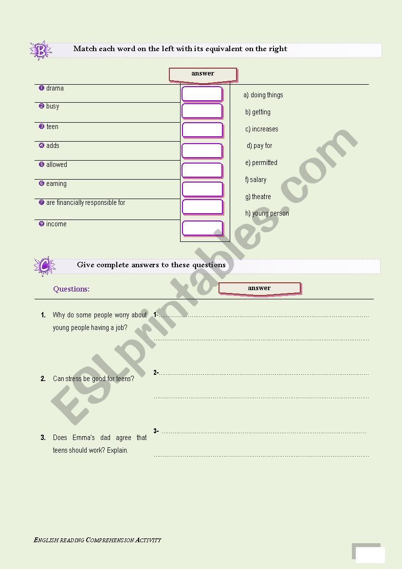 Reading comprehension activity- part 2