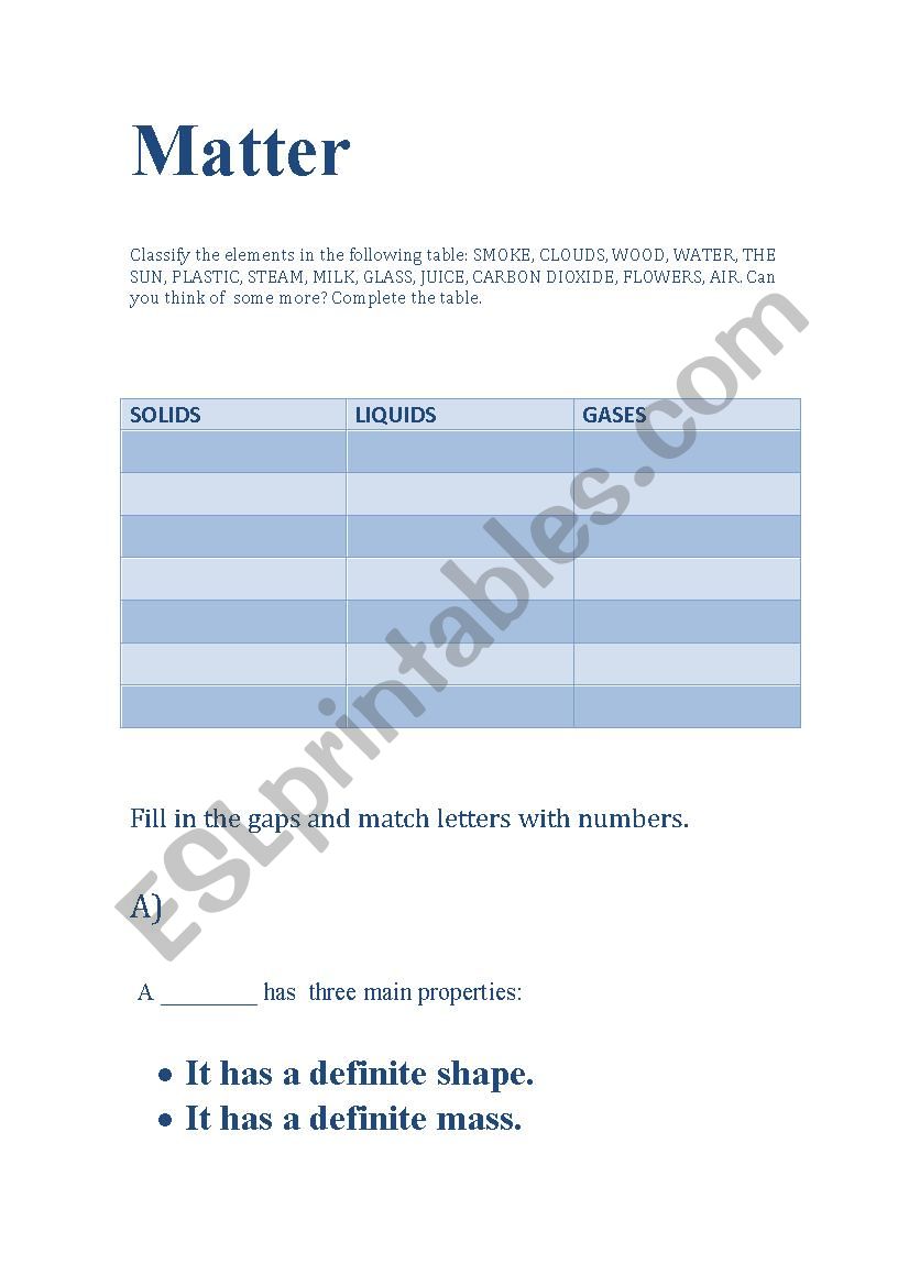 Matter worksheet