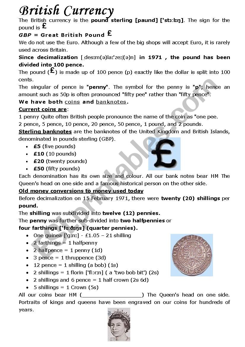 British money worksheet