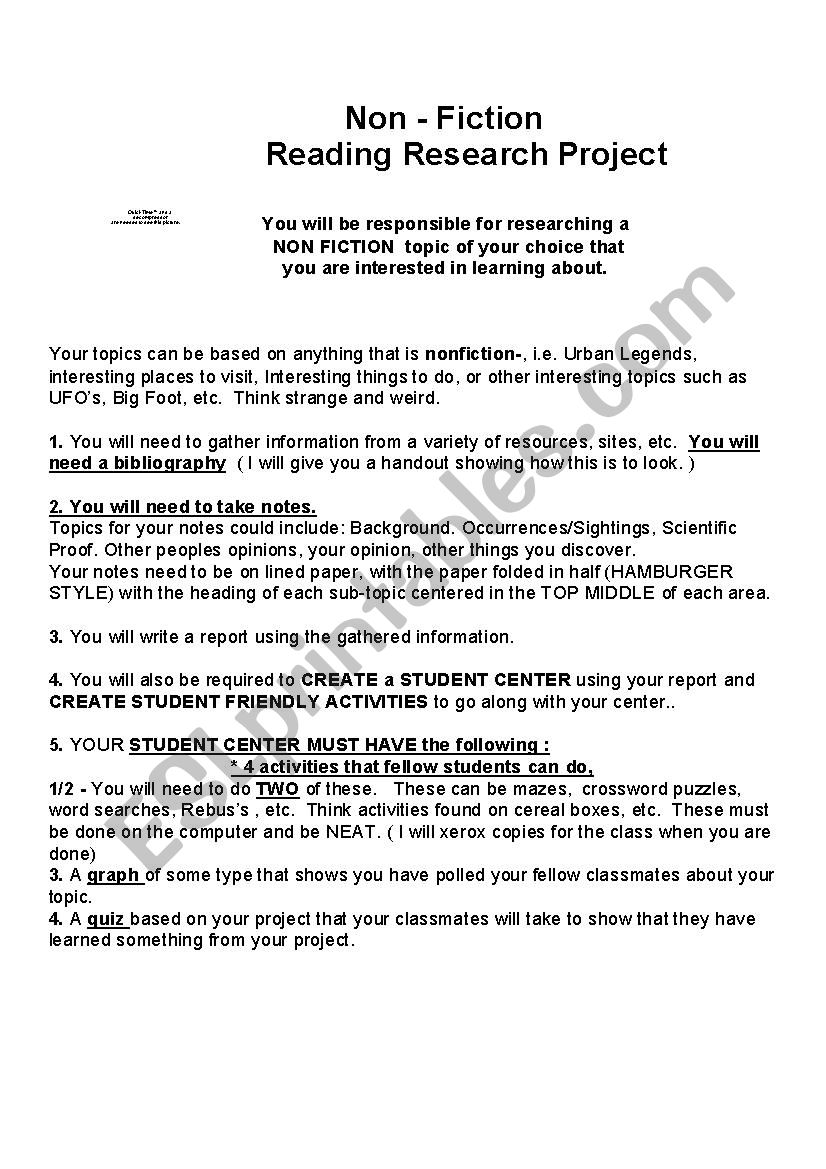 Non Fiction Research Project worksheet