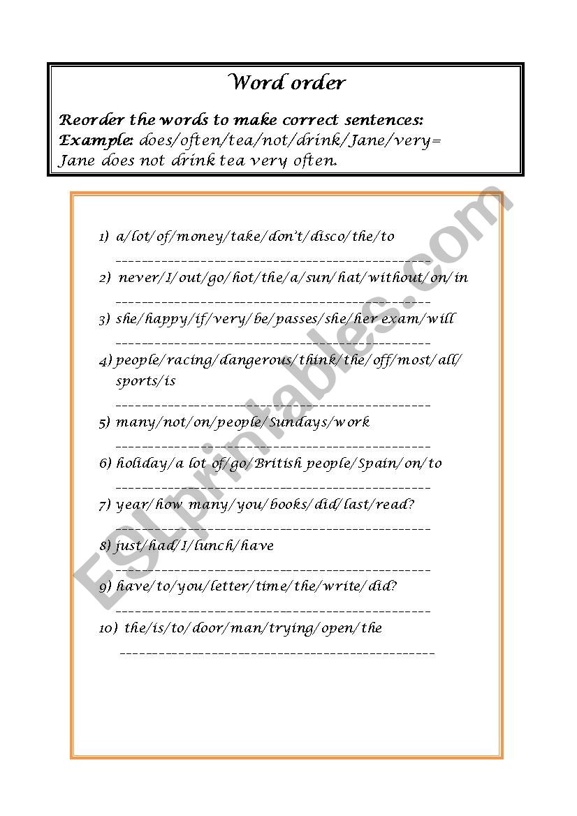 Word order worksheet