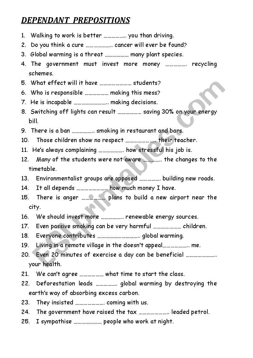 DEPENDANT  PREPOSITIONS worksheet