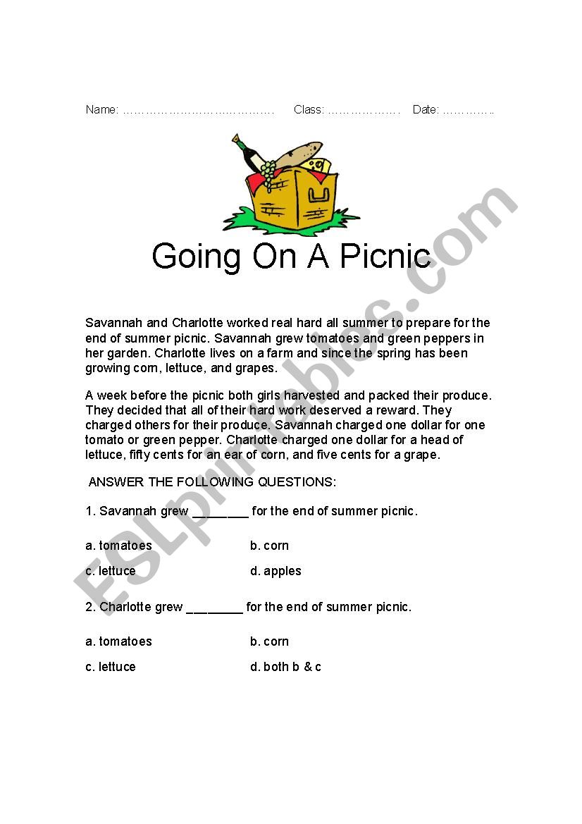Going on a picnic worksheet