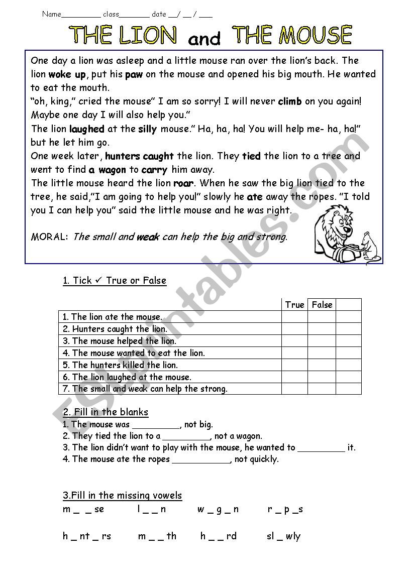 Fable- The lion and the mouse worksheet