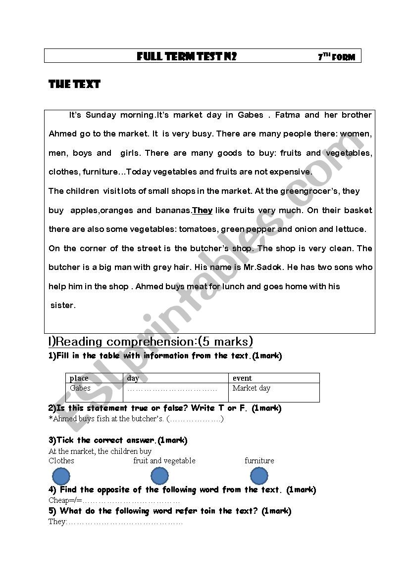 7th form test worksheet