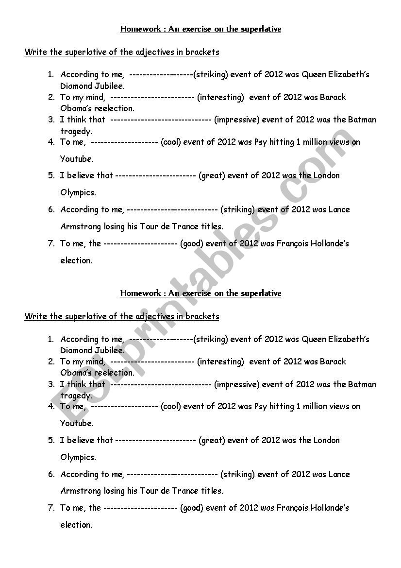 exercise on the superlative worksheet