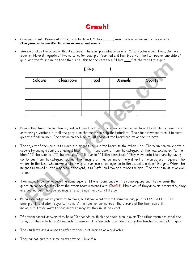 Crash!  A Board Game worksheet