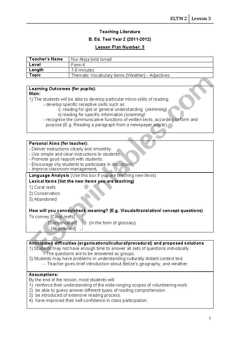 Lesson plan on Volunteering worksheet