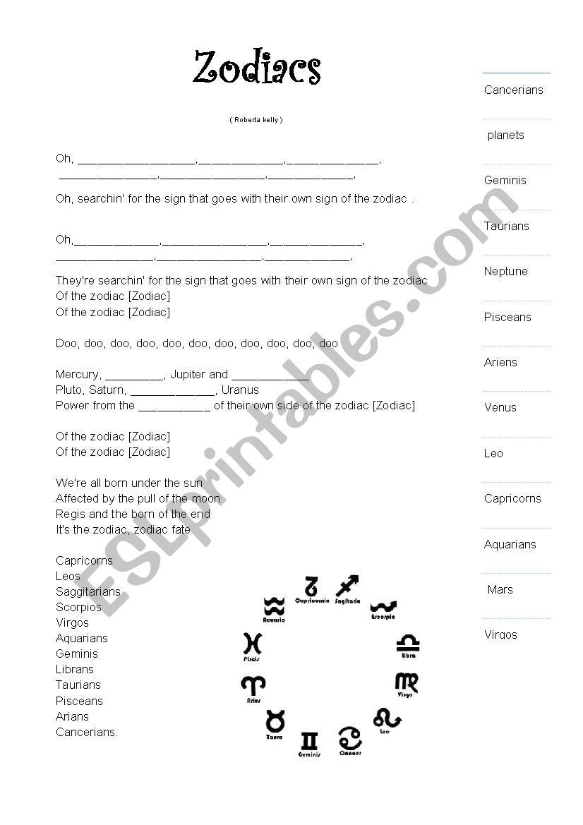 zodiac song worksheet