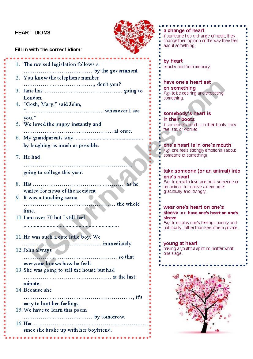 Heart idioms worksheet