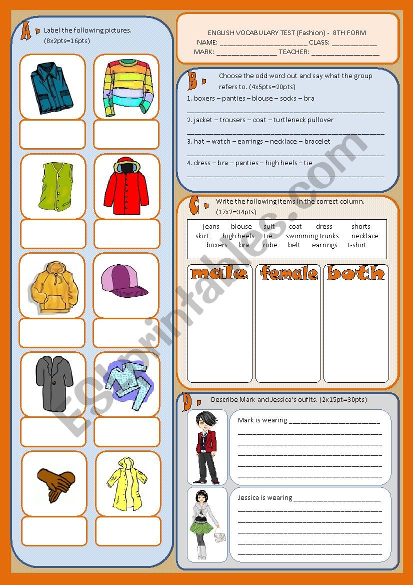 Vocabulary test - clothes worksheet