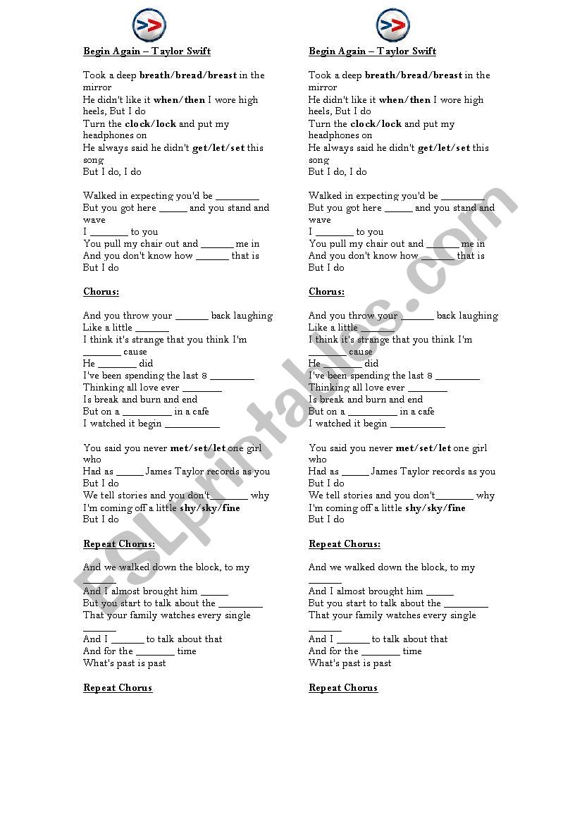 Begin Again worksheet