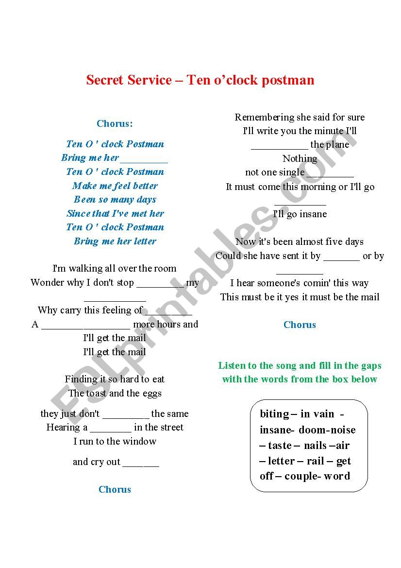 10 oclock postman song worksheet