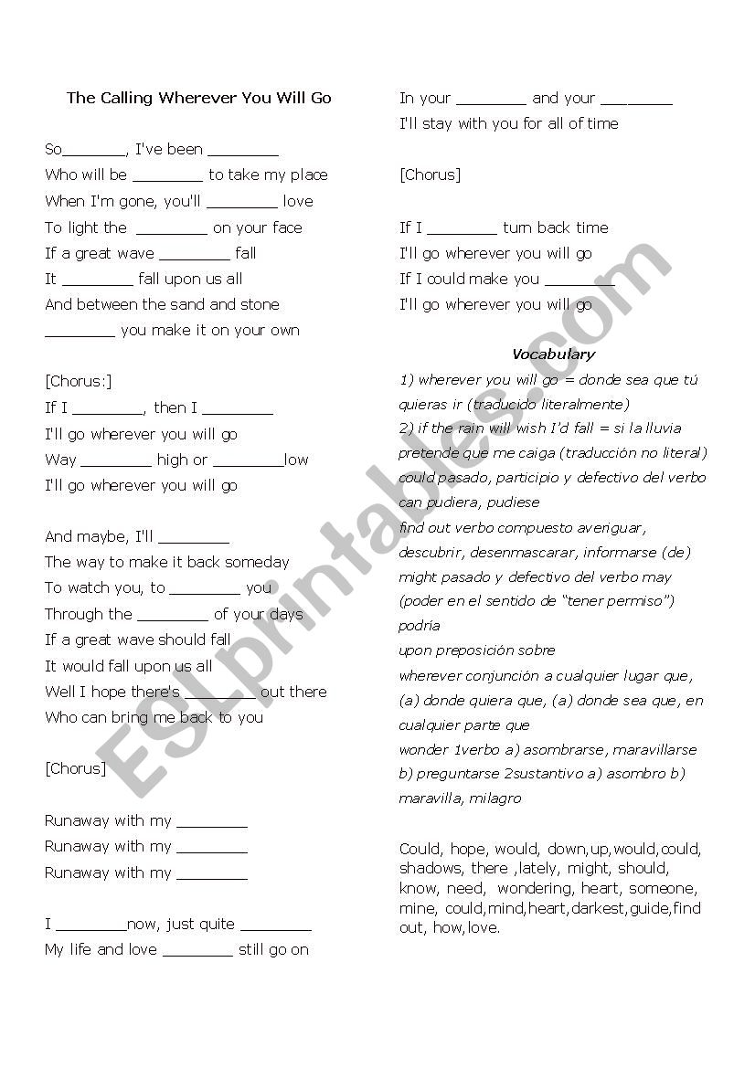  Wherever You Will Go  worksheet