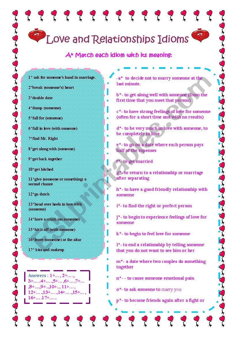 Love and Reationships Idioms. worksheet