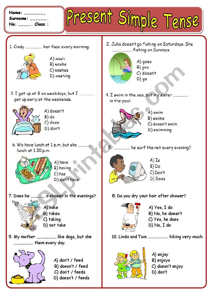  present simple tense test TWO PAGES