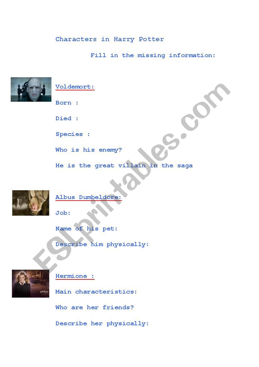 Harry Potter characters worksheet