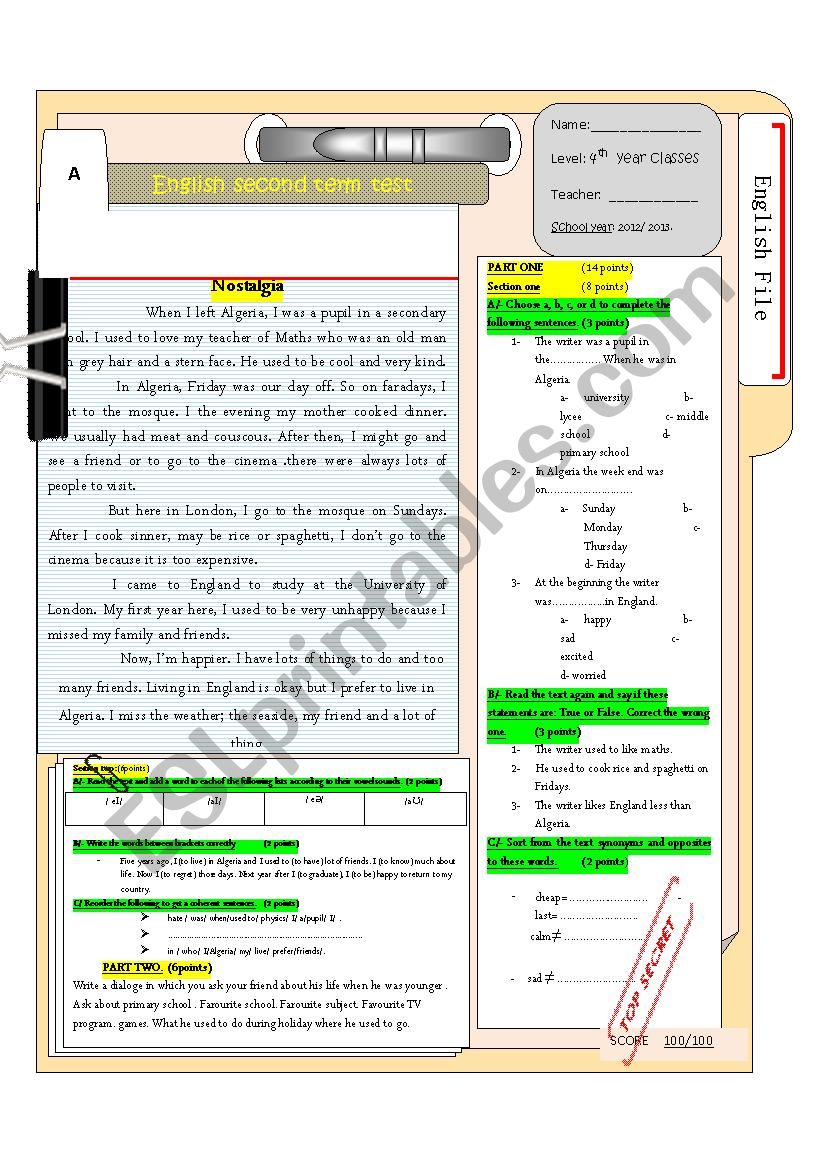 English second term test worksheet