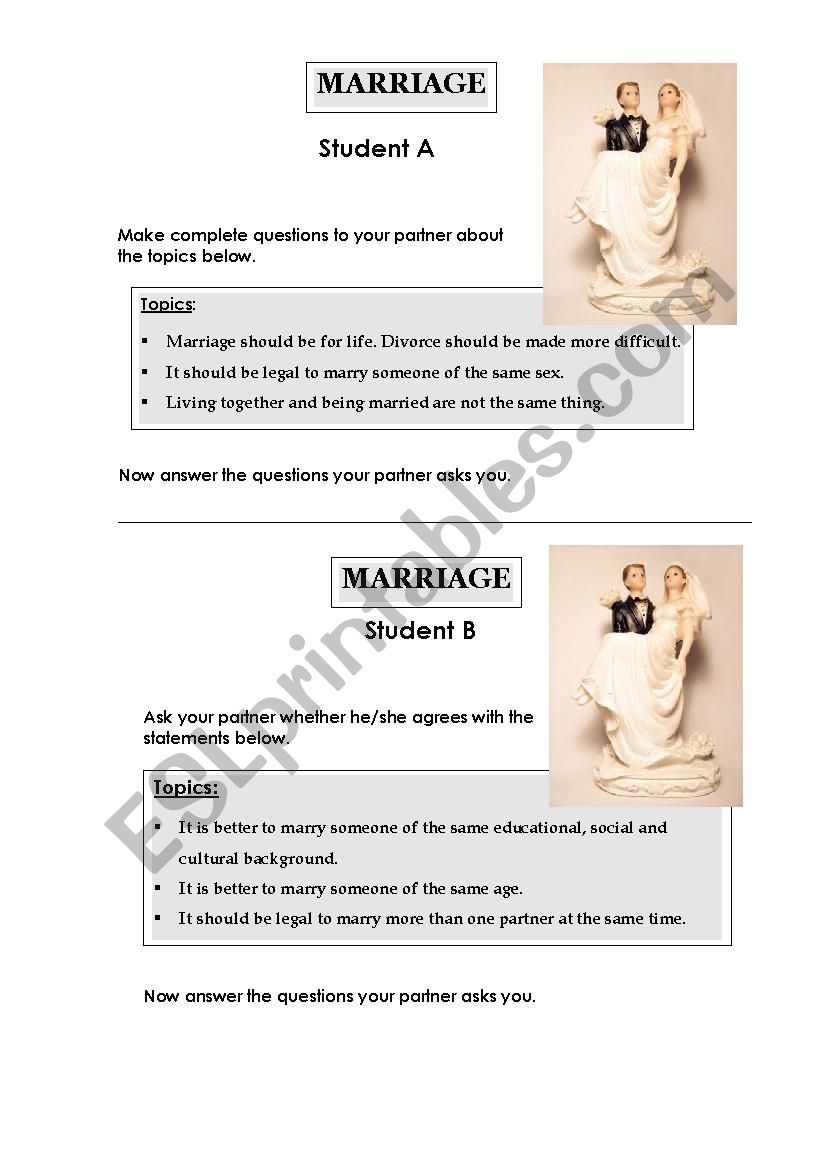 oral interactive activity intermediate level topic marriage