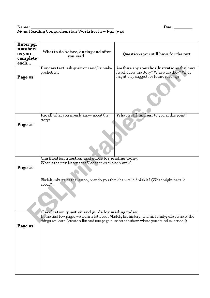 Maus I Reading Comprehension Sheet Chapter 1