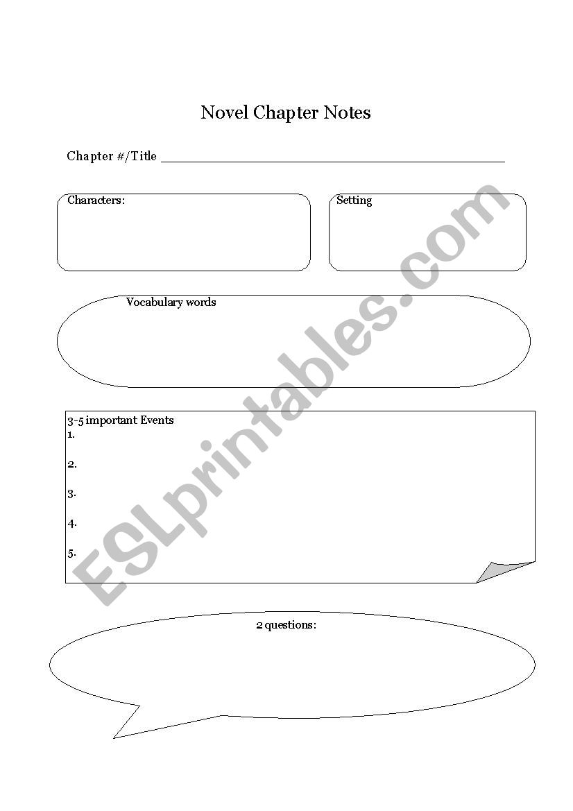 Novel Note Taking Format worksheet