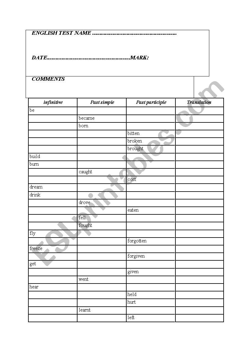 irregular verb test worksheet