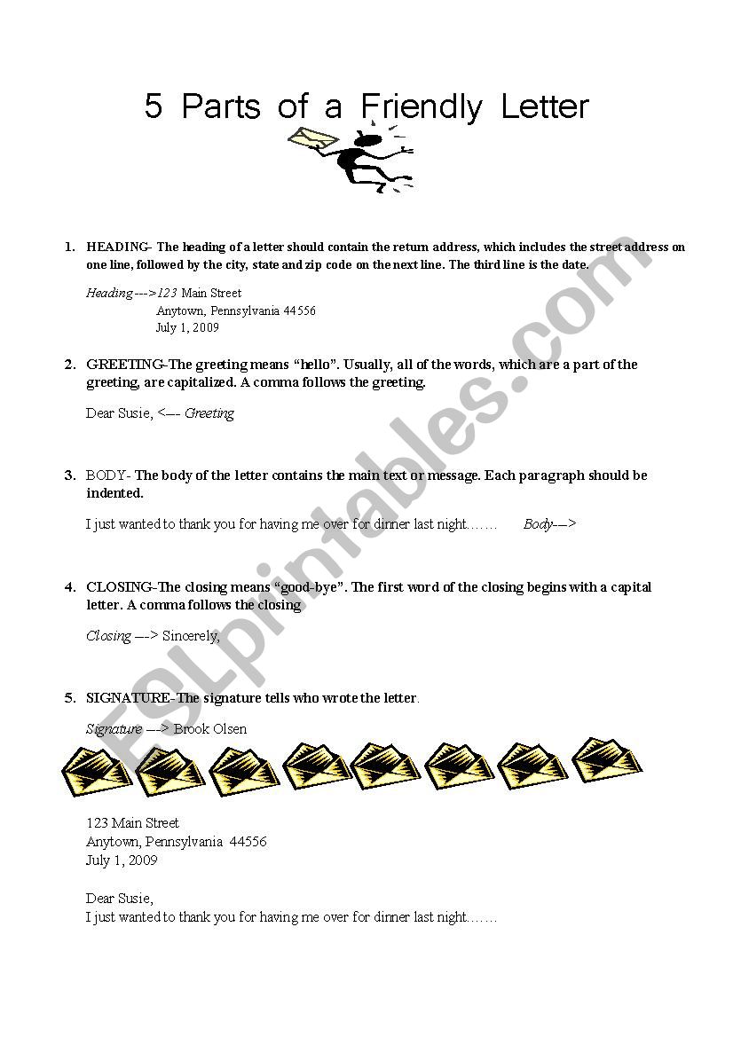 5 Parts Of A Friendly Letter worksheet