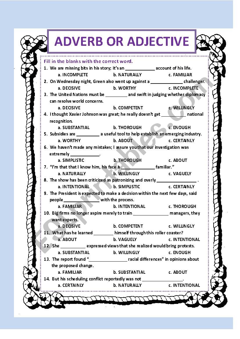 Adjective or adverb worksheet