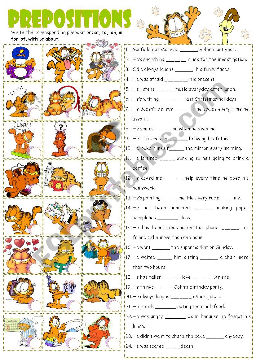 verbs  + Preposition with Garfield