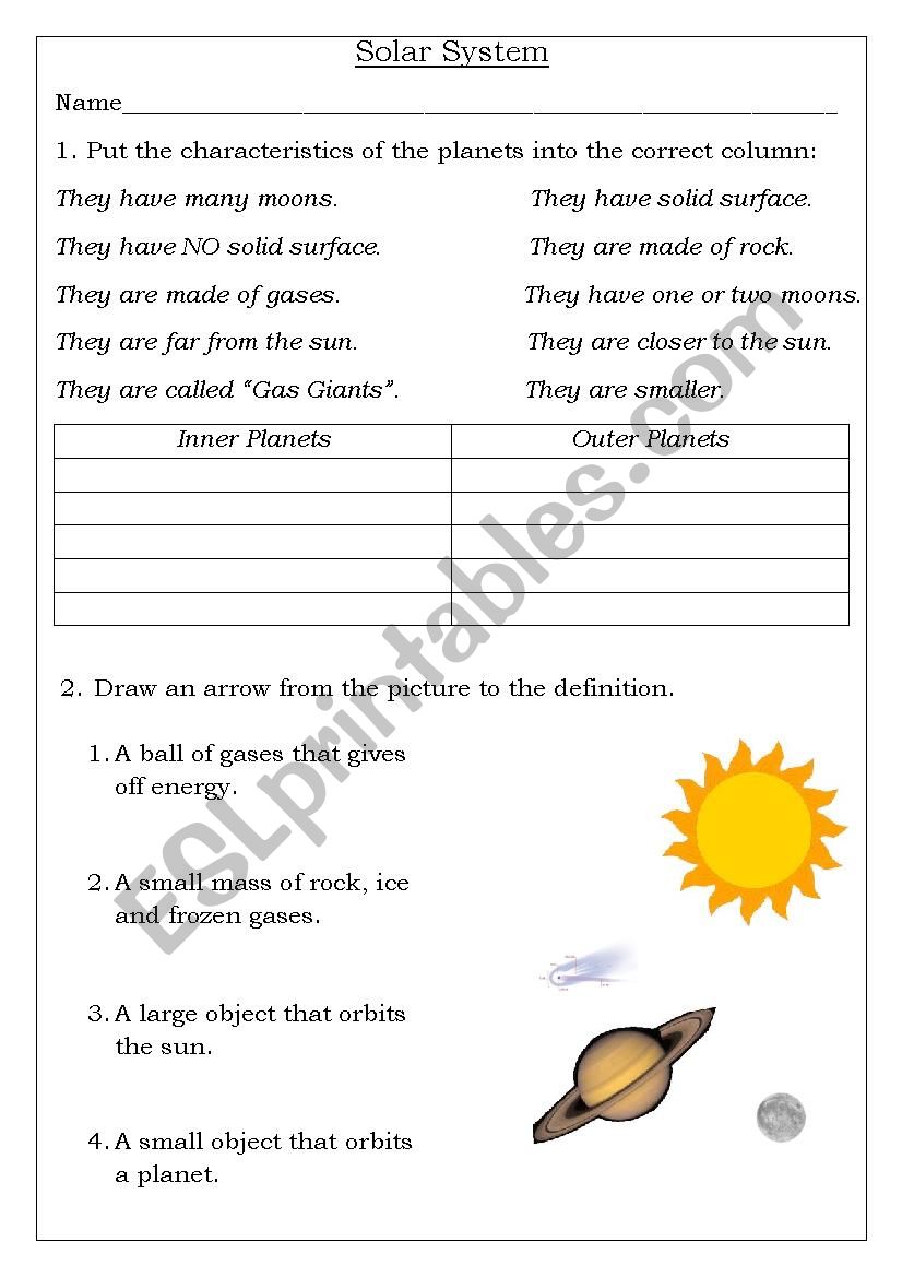 Solar System worksheet