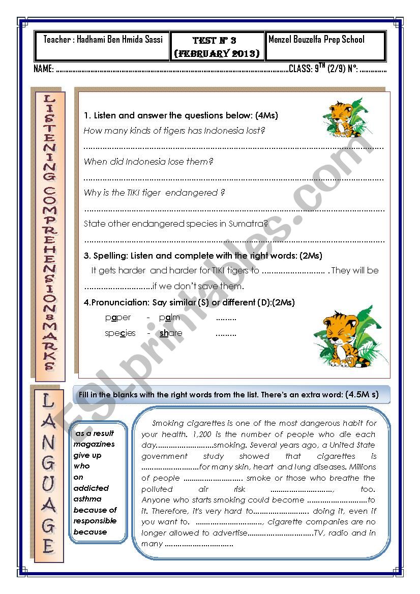 9TH TEST worksheet