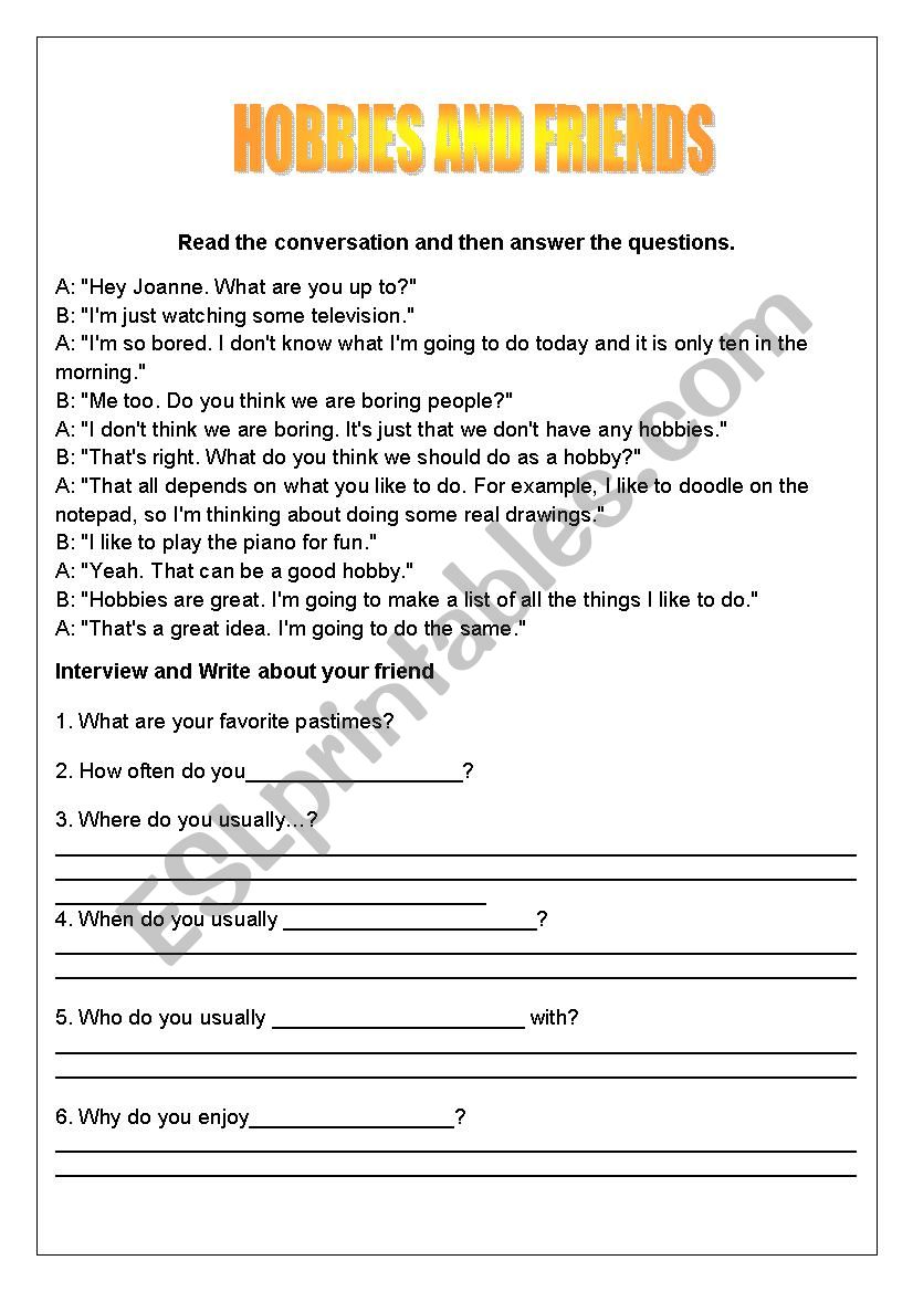 hobbies worksheet