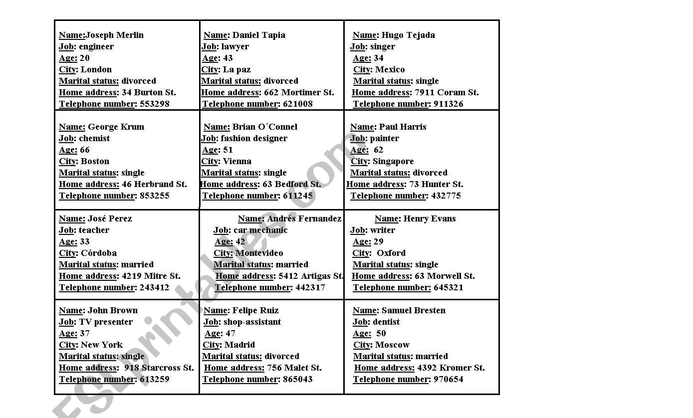 role pley cards worksheet