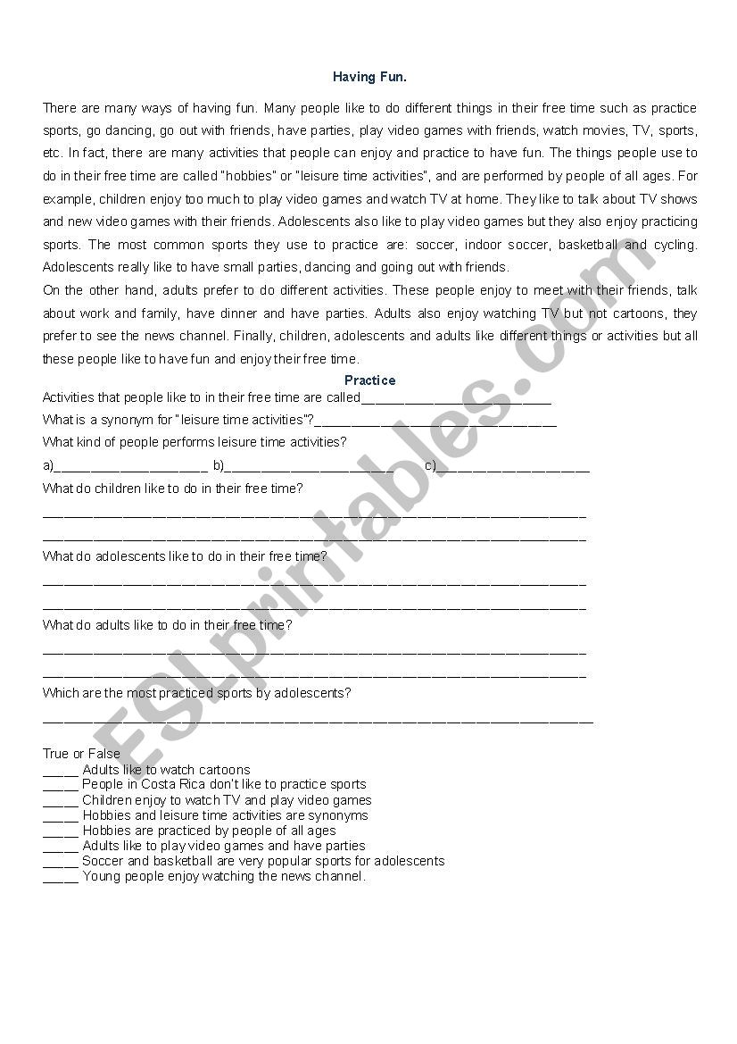 hobbies worksheet