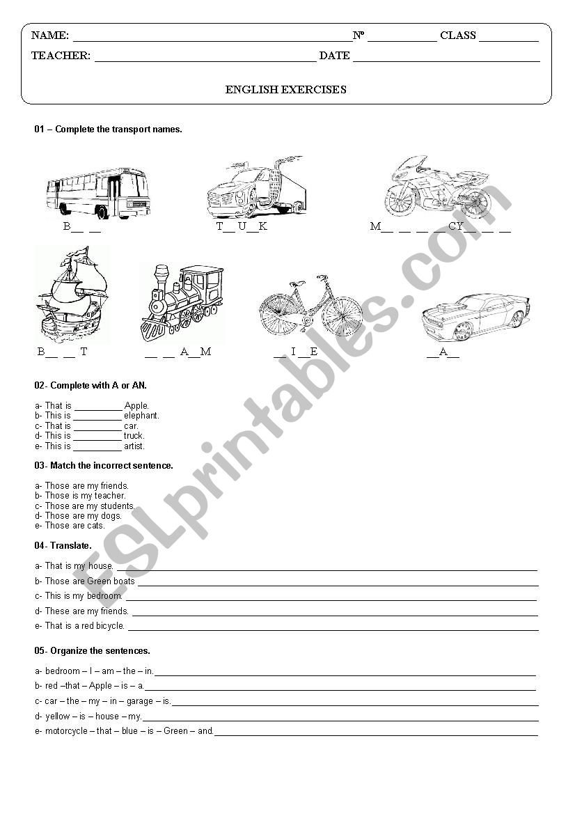 transport and house parts worksheet