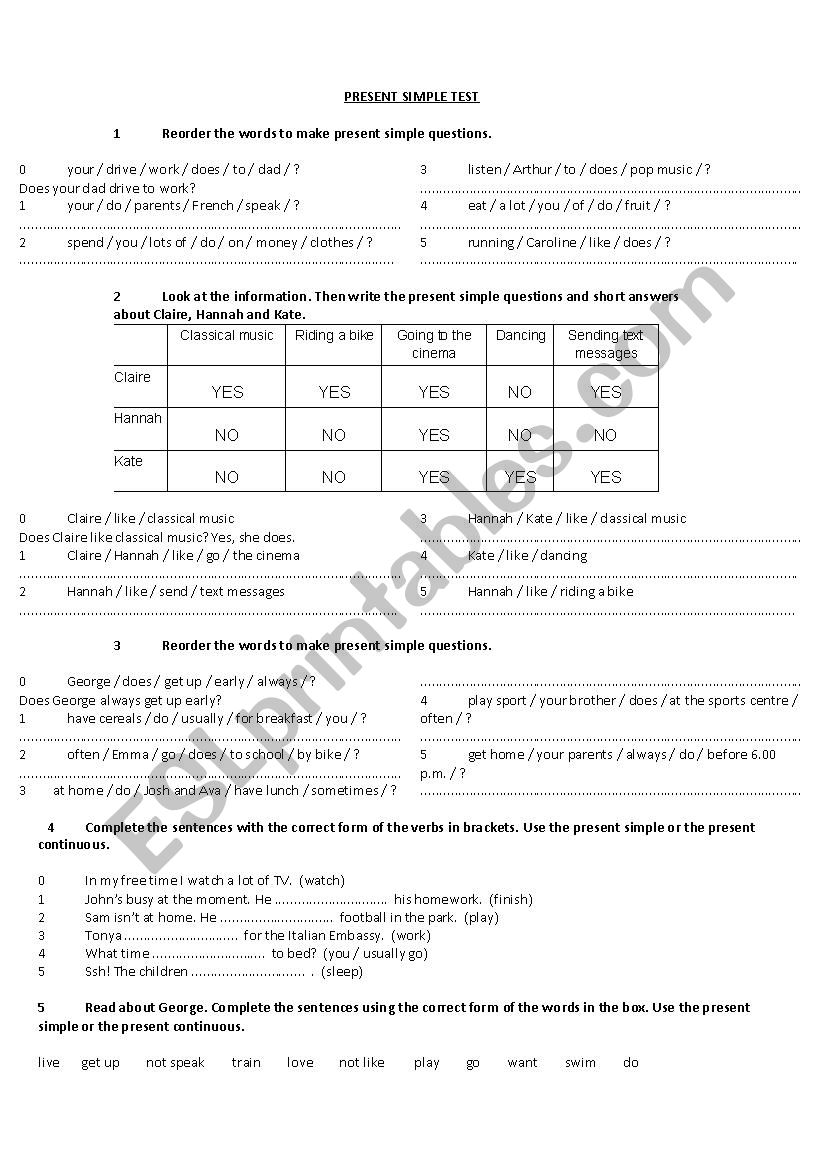 Present Simple and Continuous TEST or Assessment