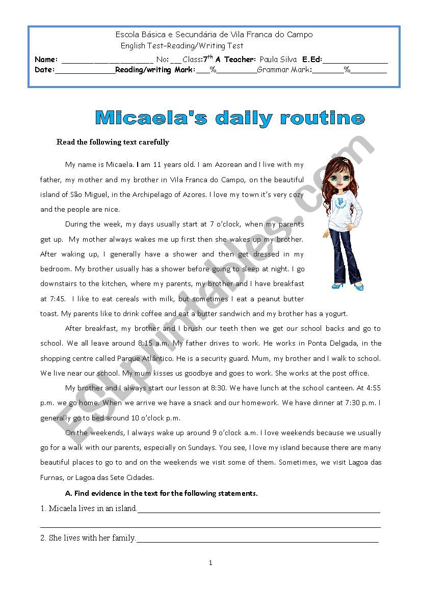 Micaelas daily routine worksheet