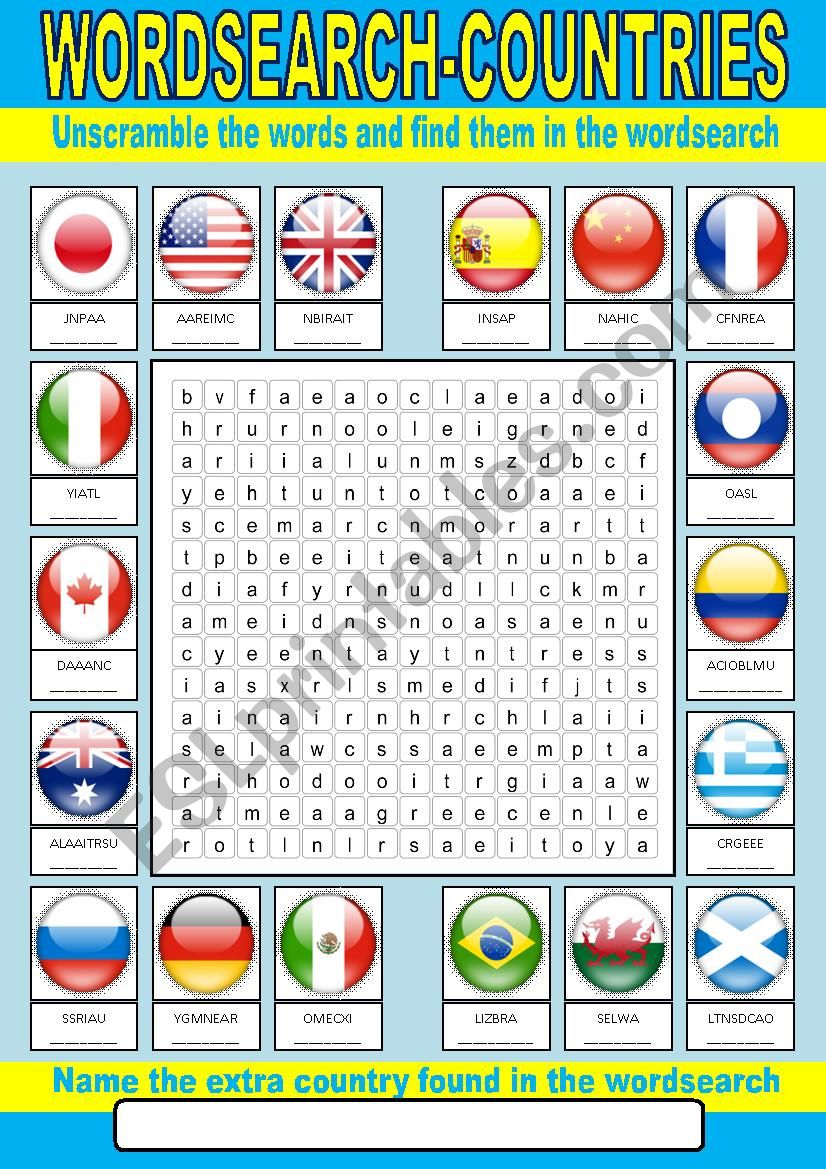 Countries wordsearch worksheet