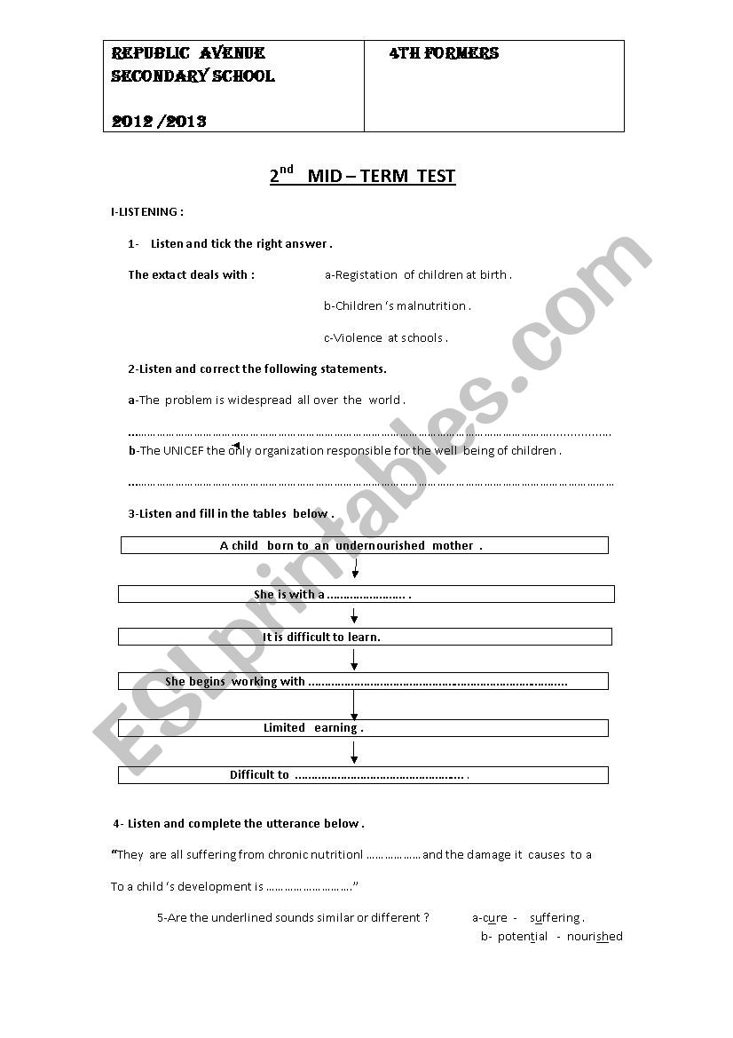 2nd mid- term test(listening comprehension ) ,Tunisian 4th formers 