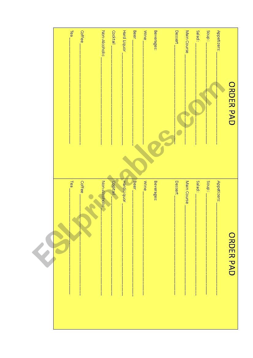 Order Pad worksheet