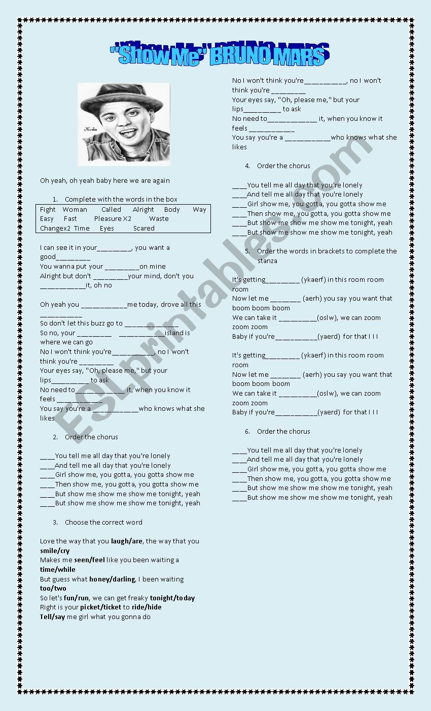 Show Me (Bruno Mars) worksheet