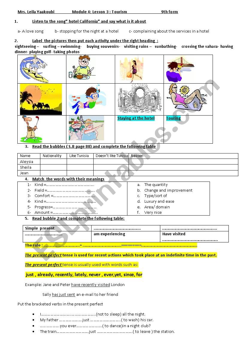 module 4: Lesson3: Tourism worksheet